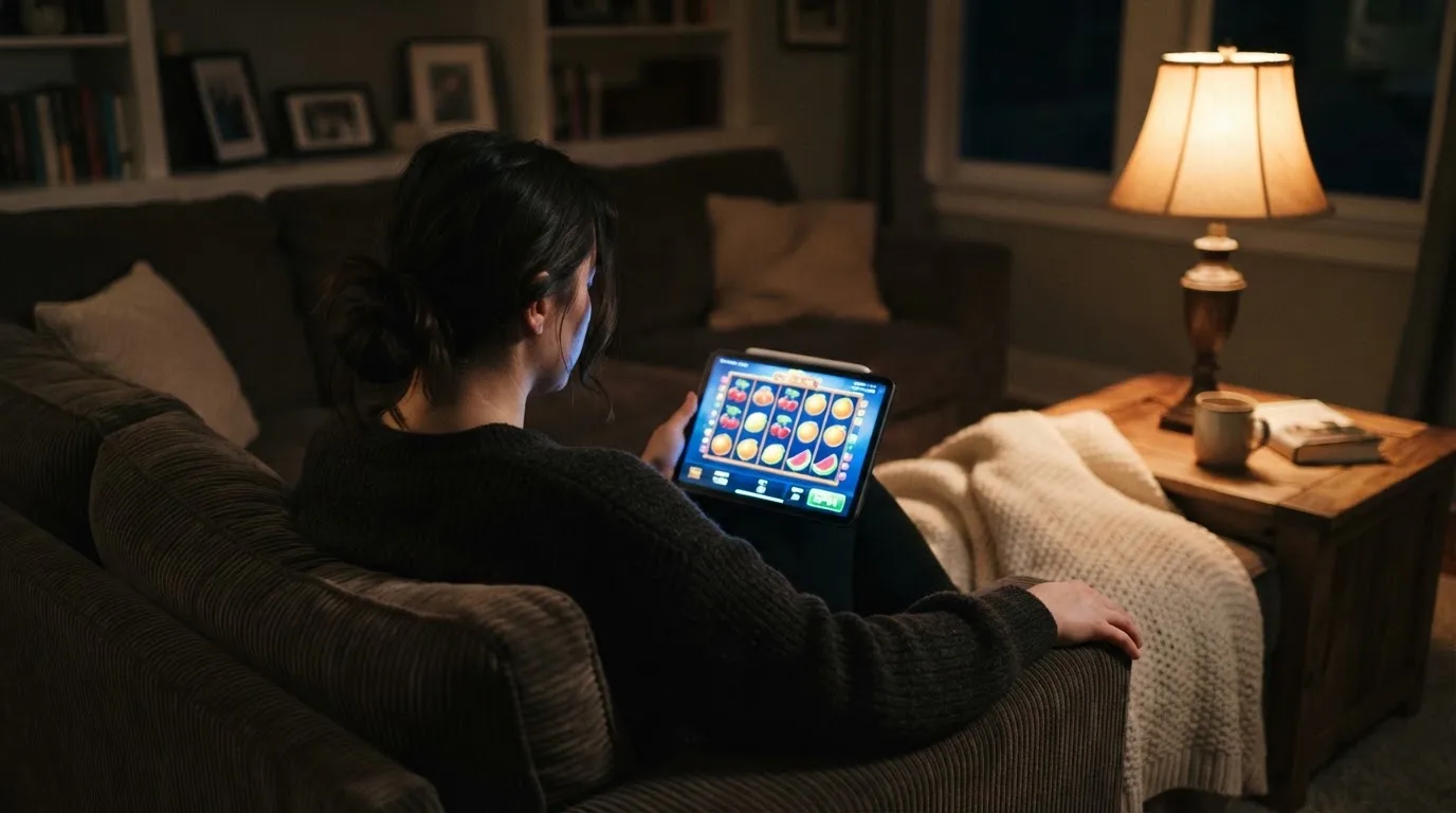 Person sitzt entspannt auf einem Sofa und blickt konzentriert auf ein Tablet in gedämpftem Wohnzimmerlicht am Abend.