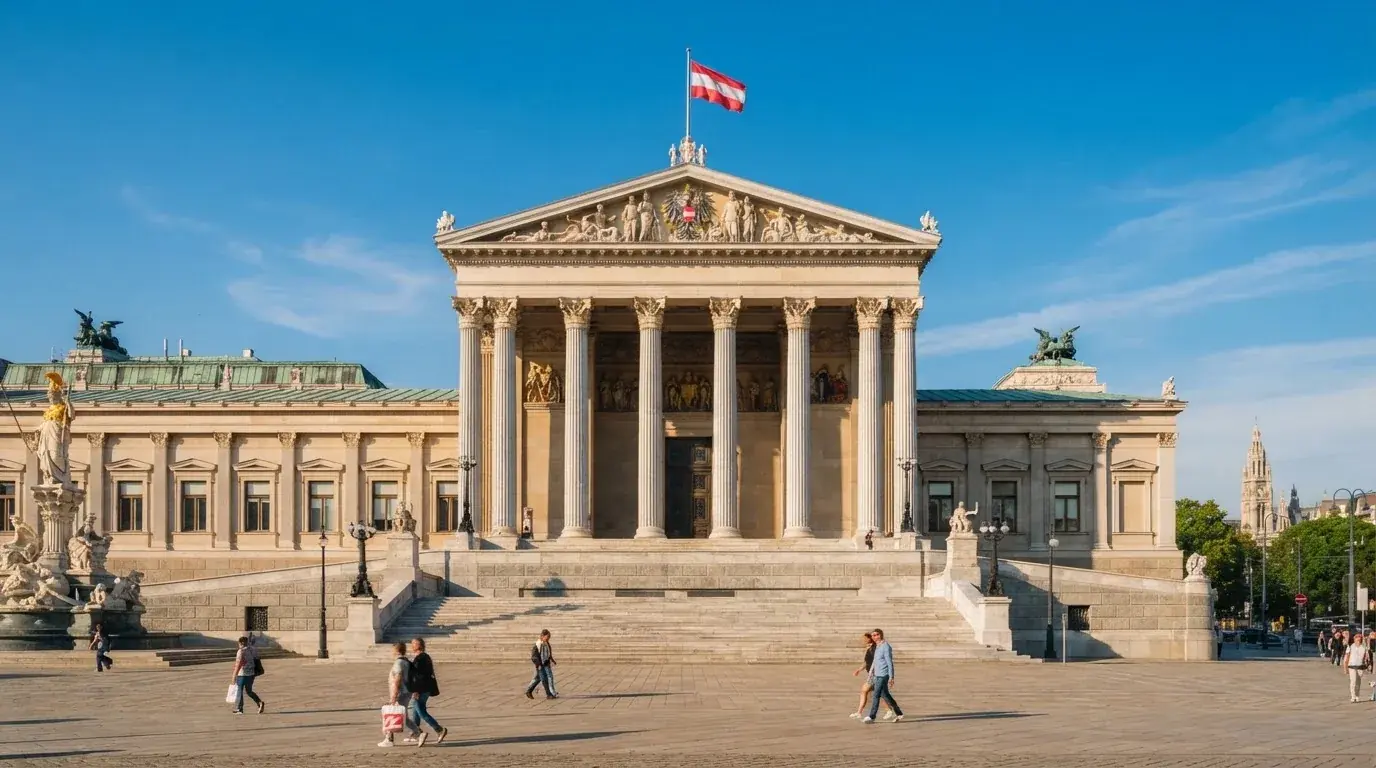 Fassade eines klassizistischen Wiener Amtsgebäudes mit österreichischer Flagge an einem klaren Nachmittag.