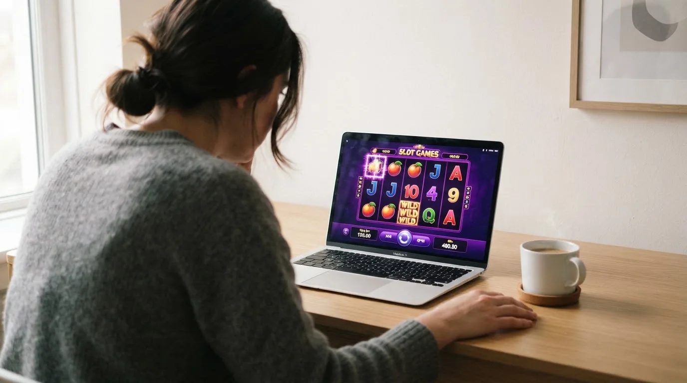 Person am Laptop liest eine Übersichtsseite zu Glücksspielen im Internet — 15 euro bonus ohne einzahlung casino