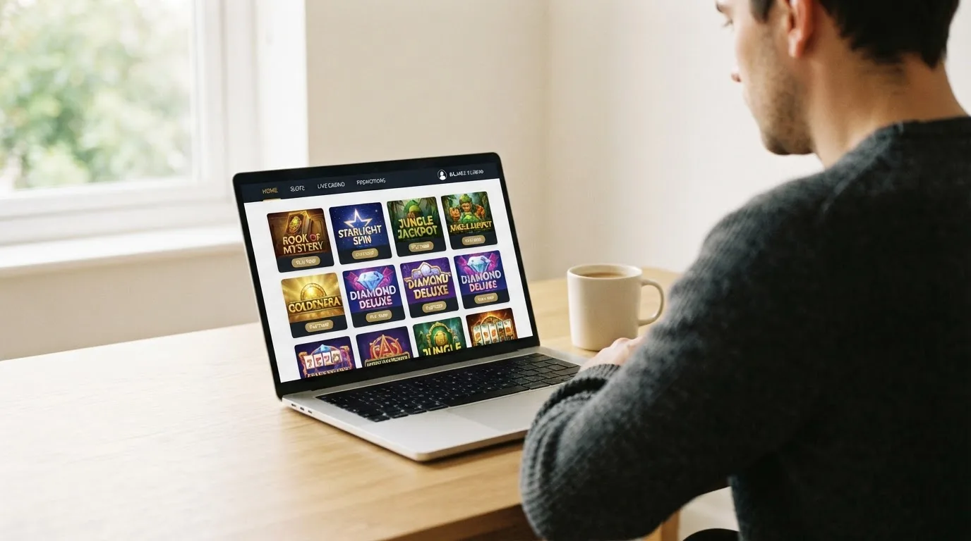 Person am Laptop liest eine Übersichtsseite zu Glücksspielen im Internet — 150 freispiele ohne einzahlung