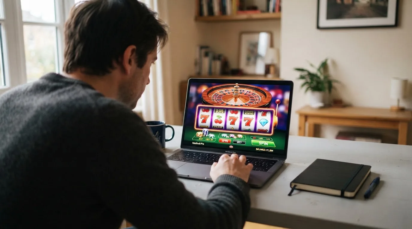 Person am Laptop liest eine Übersichtsseite zu Glücksspielen im Internet — 20 euro bonus ohne einzahlung casino