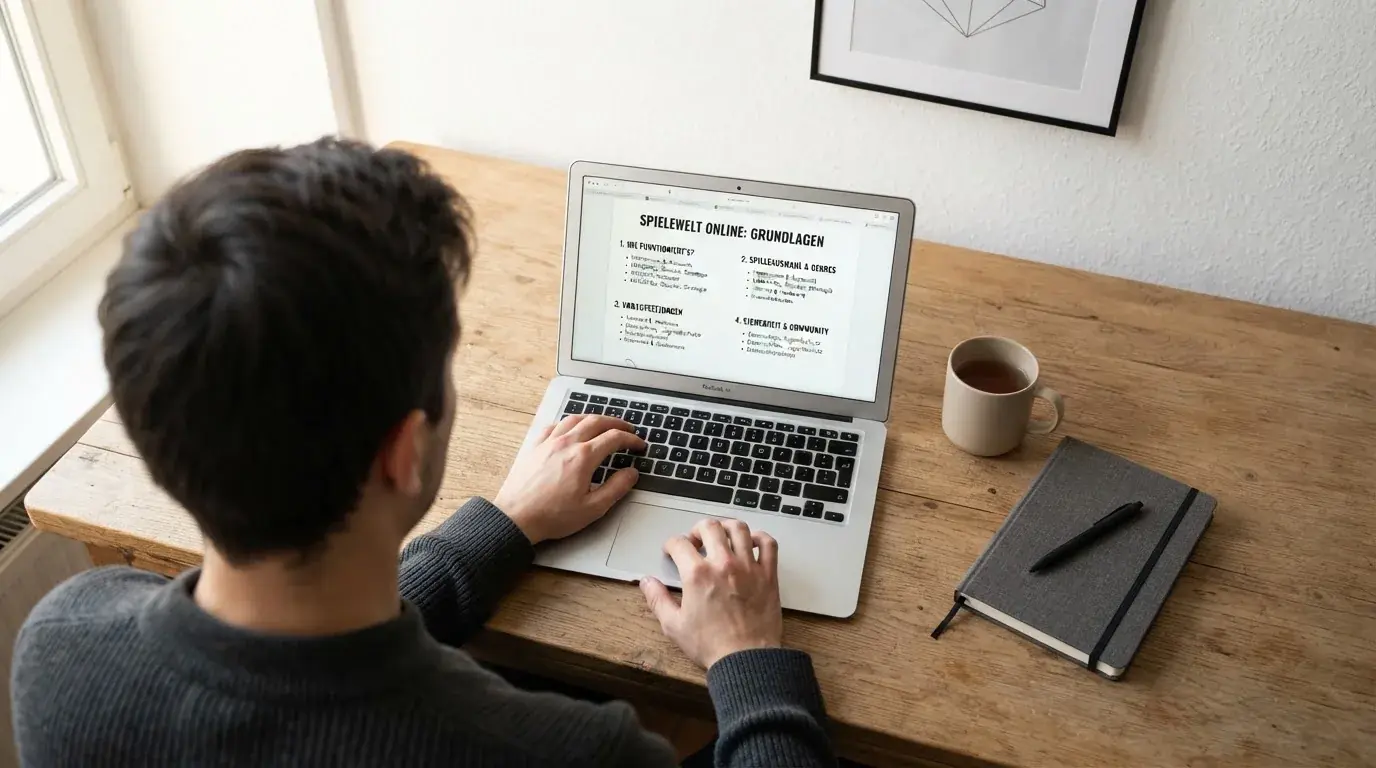 Person am Laptop liest eine Übersichtsseite zu Glücksspielen im Internet — 20 freispiele ohne einzahlung