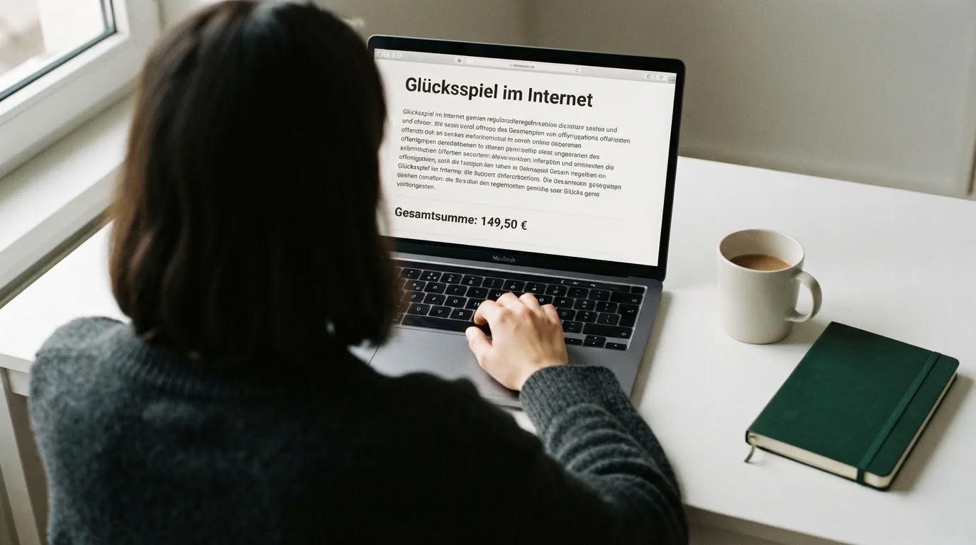 Person am Laptop liest eine Übersichtsseite zu Glücksspielen im Internet — 30 euro bonus ohne einzahlung casino