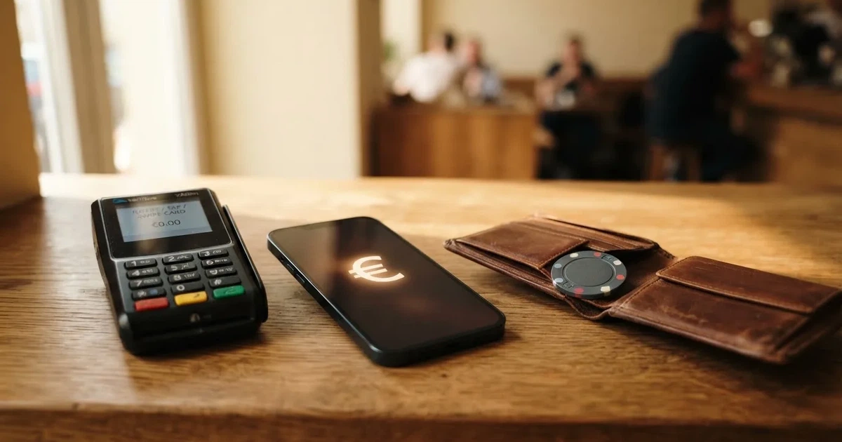 Kartenterminal und Smartphone auf einem Holztisch neben einer Geldbörse — 30 euro bonus ohne einzahlung casino
