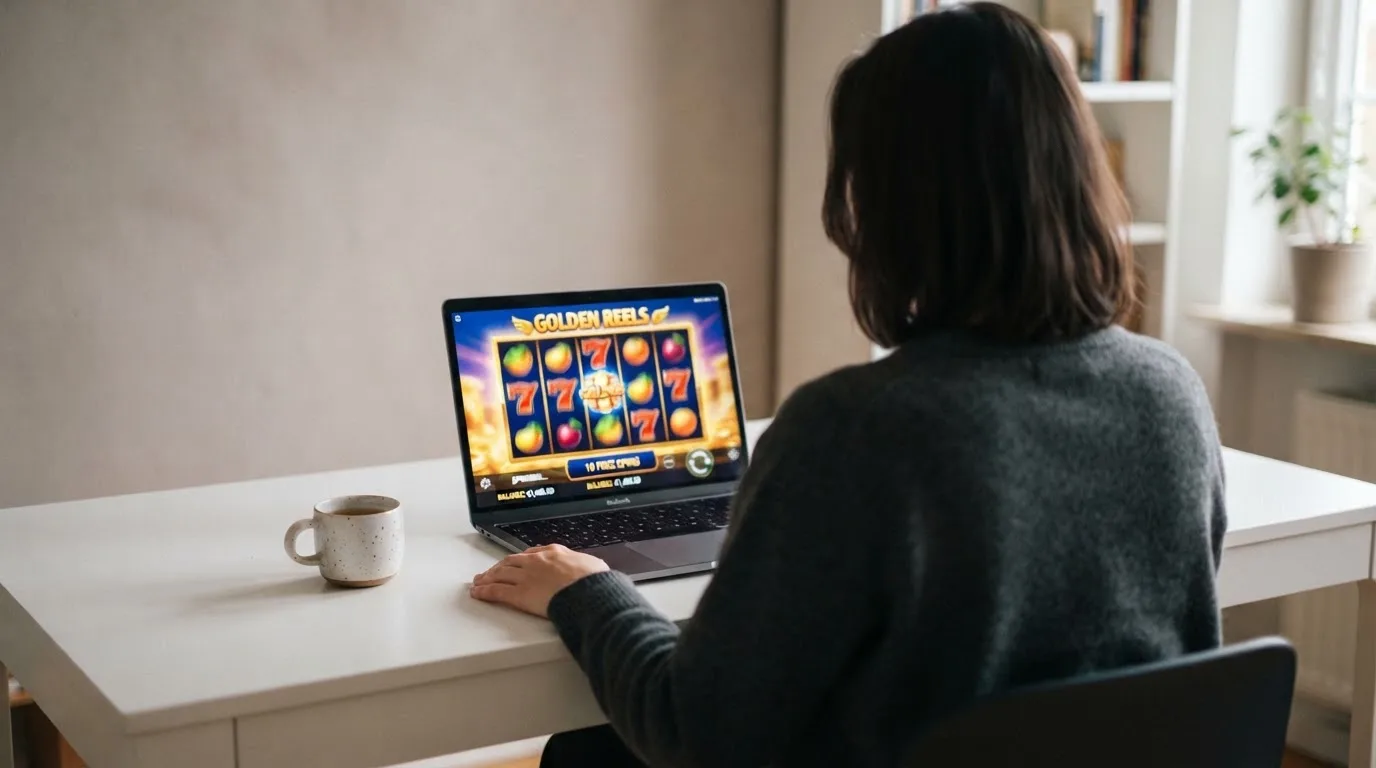Person am Laptop liest eine Übersichtsseite zu Glücksspielen im Internet — 40 euro bonus ohne einzahlung casino