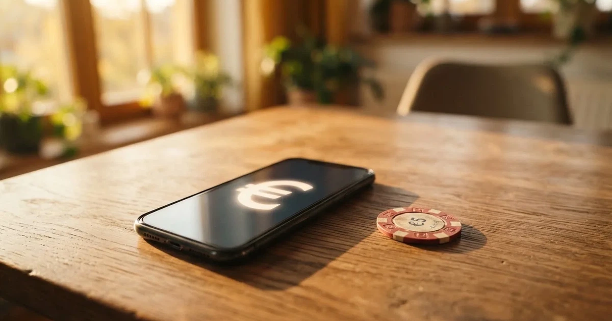 Kartenterminal und Smartphone auf einem Holztisch neben einer Geldbörse — 40 euro bonus ohne einzahlung casino