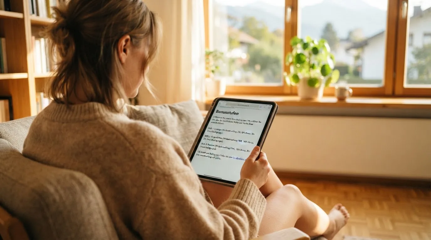 Person sitzt entspannt mit einem Tablet auf dem Schoß in einem hellen Wohnzimmer und blickt konzentriert auf den Bildschirm.