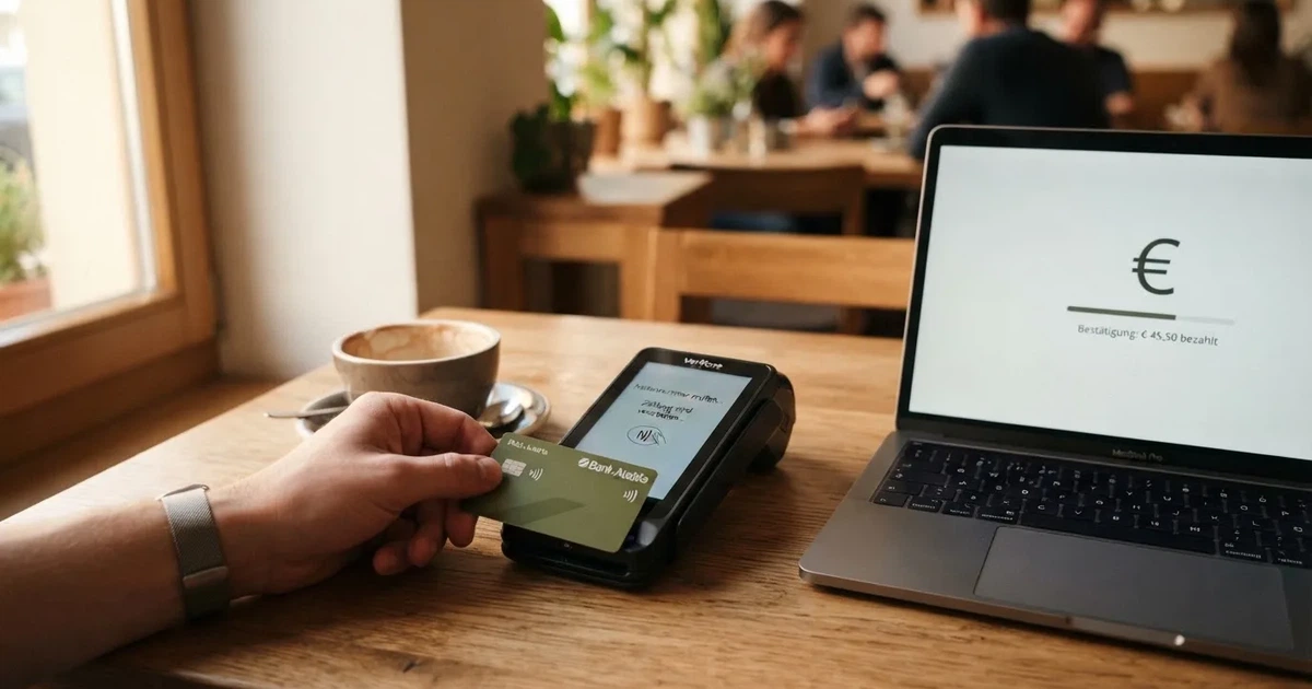 Nahaufnahme einer Hand, die eine Bankkarte in ein Kartenlesegerät neben einem Laptop auf einem Holztisch steckt.