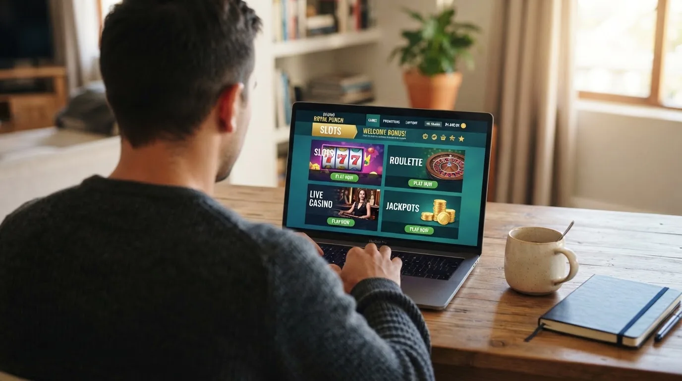 Person am Laptop liest eine Übersichtsseite zu Glücksspielen im Internet — aviator online casino