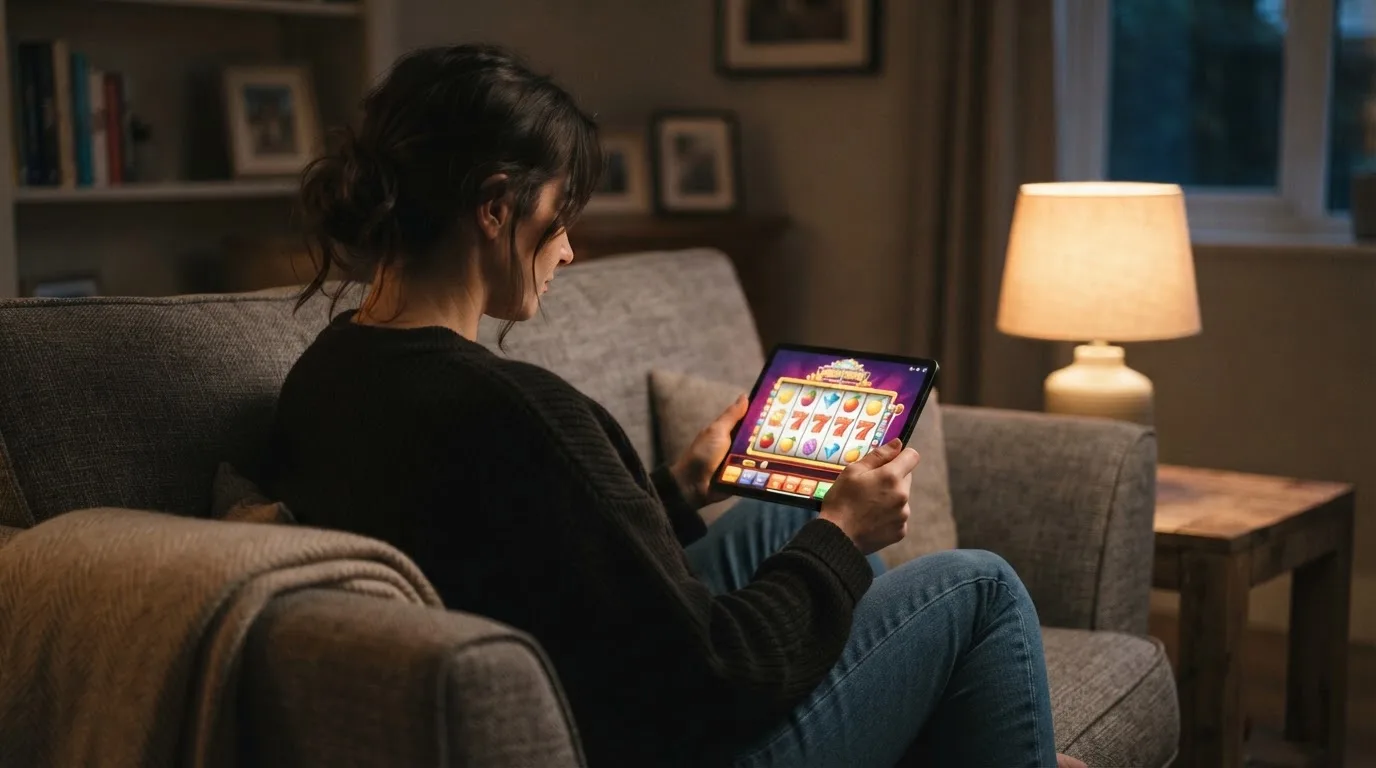 Person sitzt entspannt auf einem Sofa und blickt konzentriert auf ein Tablet in gedämpftem Wohnzimmerlicht am Abend.