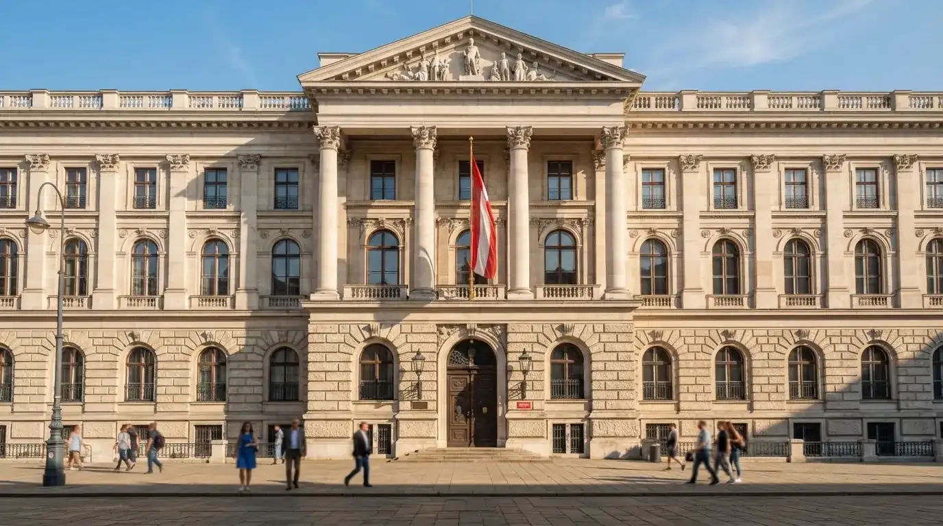 Fassade eines klassizistischen Wiener Amtsgebäudes mit österreichischer Flagge an einem klaren Nachmittag.