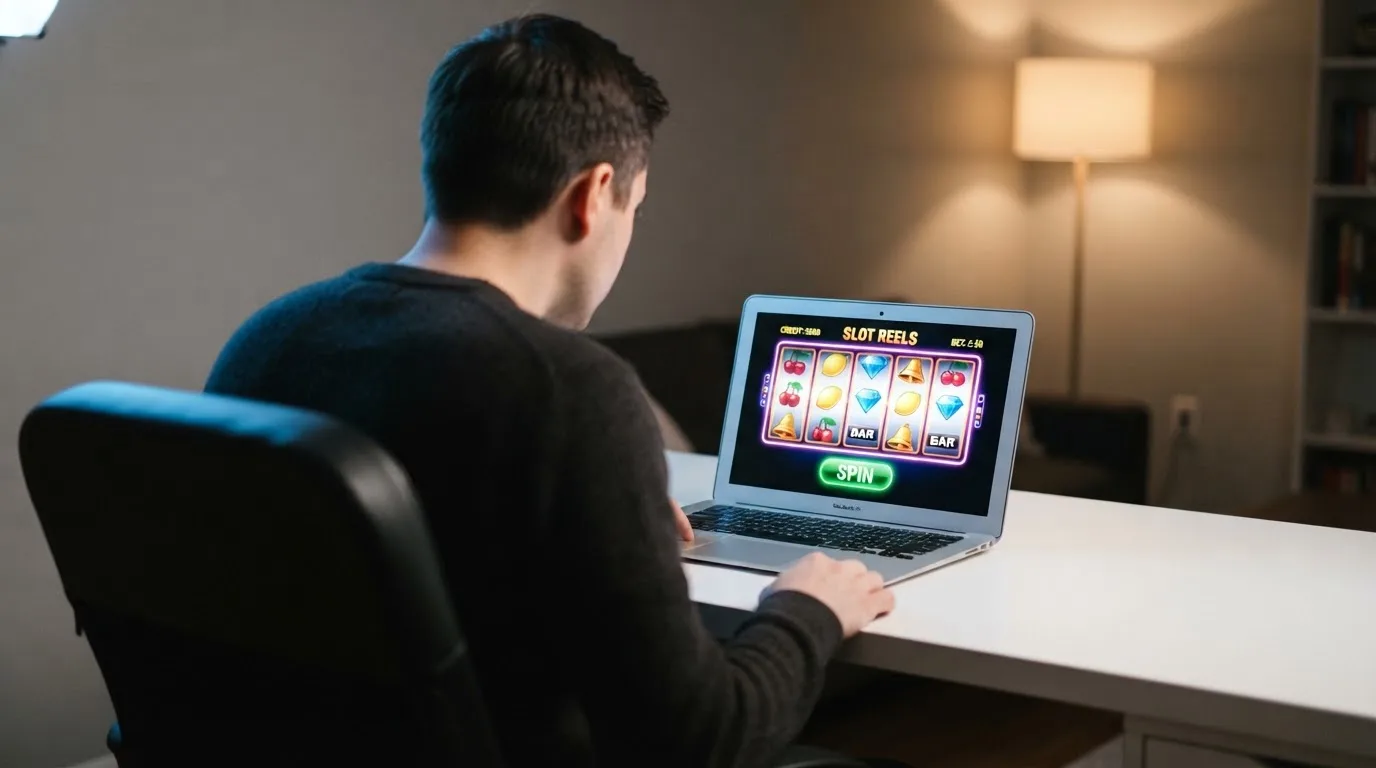Person am Laptop liest eine Übersichtsseite zu Glücksspielen im Internet — beste casino ohne verifizierung auszahlen