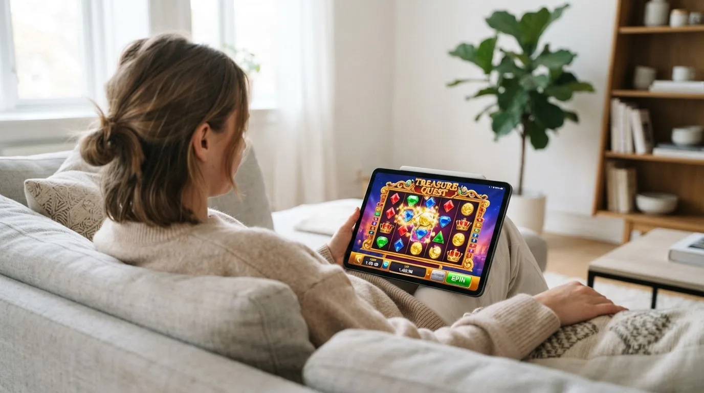 Person sitzt entspannt mit einem Tablet auf dem Schoß in einem hellen Wohnzimmer.