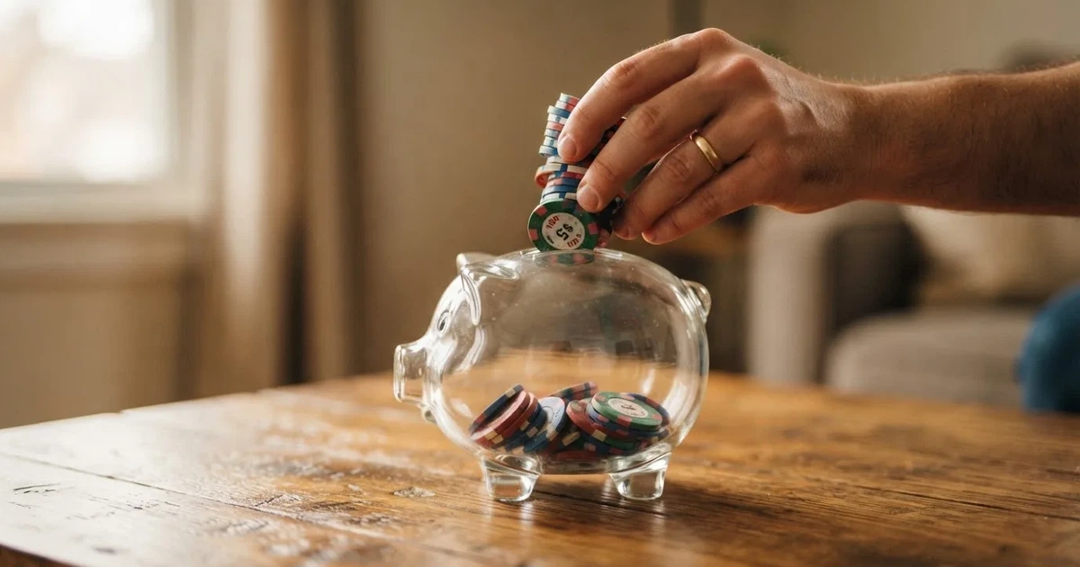Nahaufnahme einer Hand, die Münzen in ein Sparschwein aus Glas auf einem Holztisch steckt.