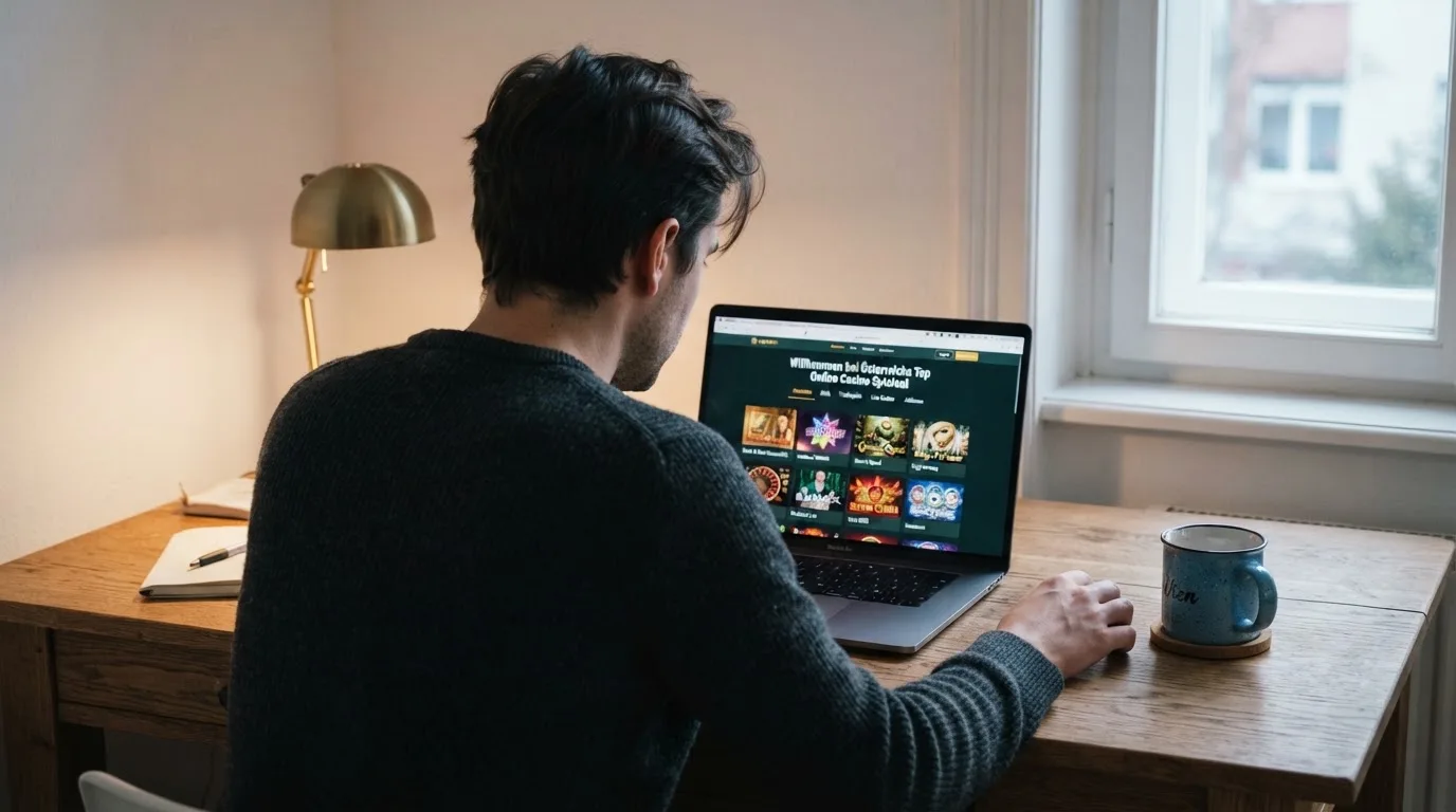 Person am Laptop liest eine Übersichtsseite zu Glücksspielen im Internet — beste live baccarat österreich
