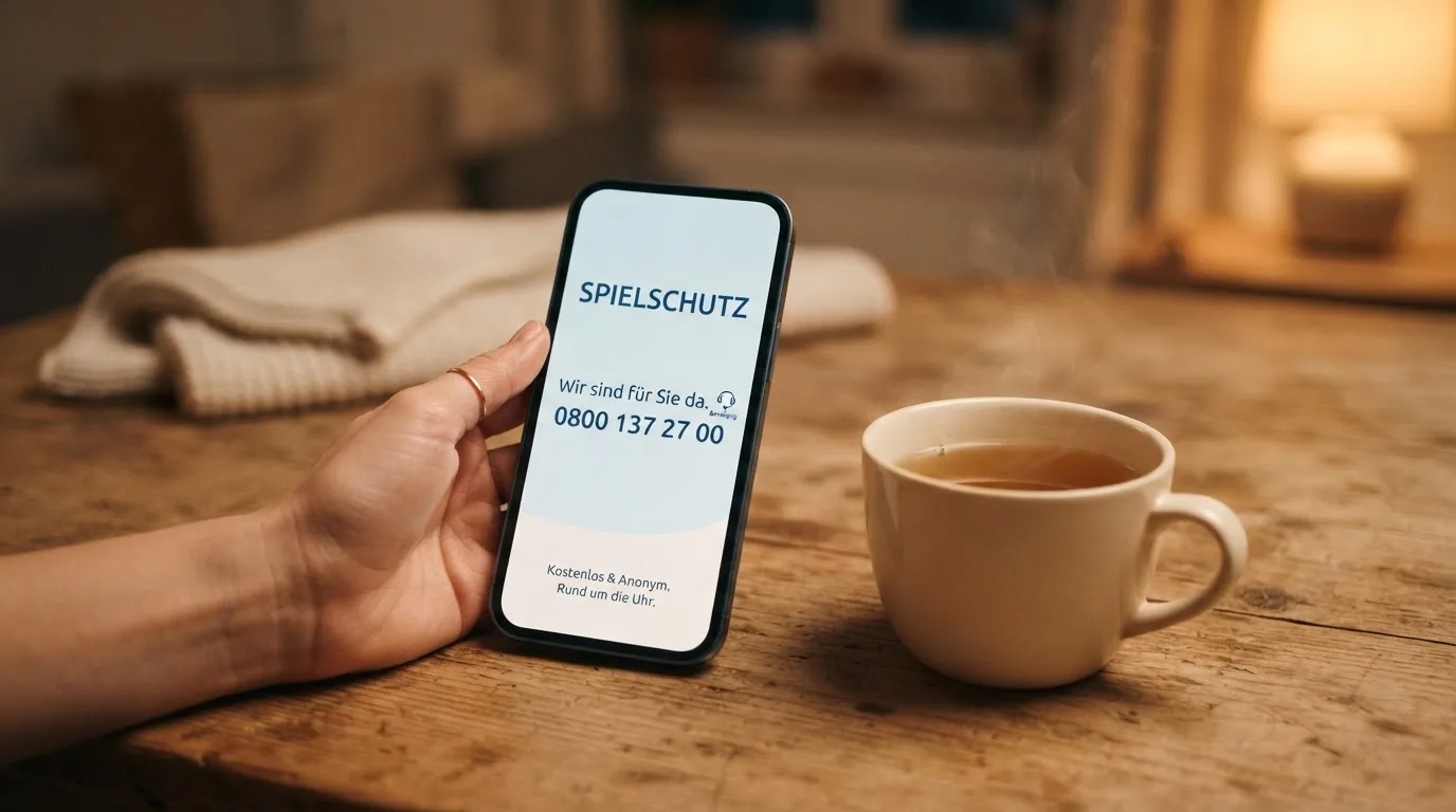 Hand hält ein Smartphone, daneben eine Tasse Tee, ruhige Abendstimmung am Küchentisch — beste online casino ausland