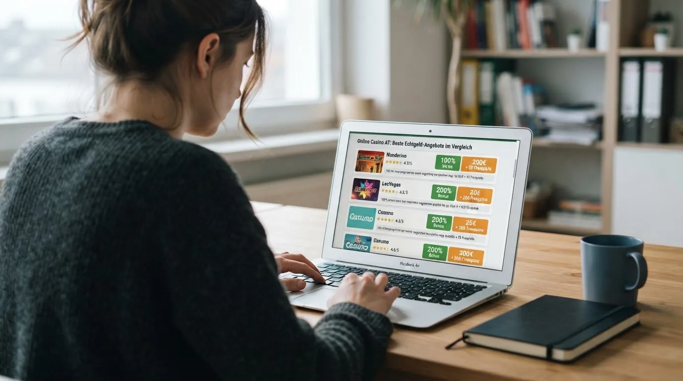 Person am Laptop liest eine Übersichtsseite zu Glücksspielen im Internet — beste online casino echtgeld app