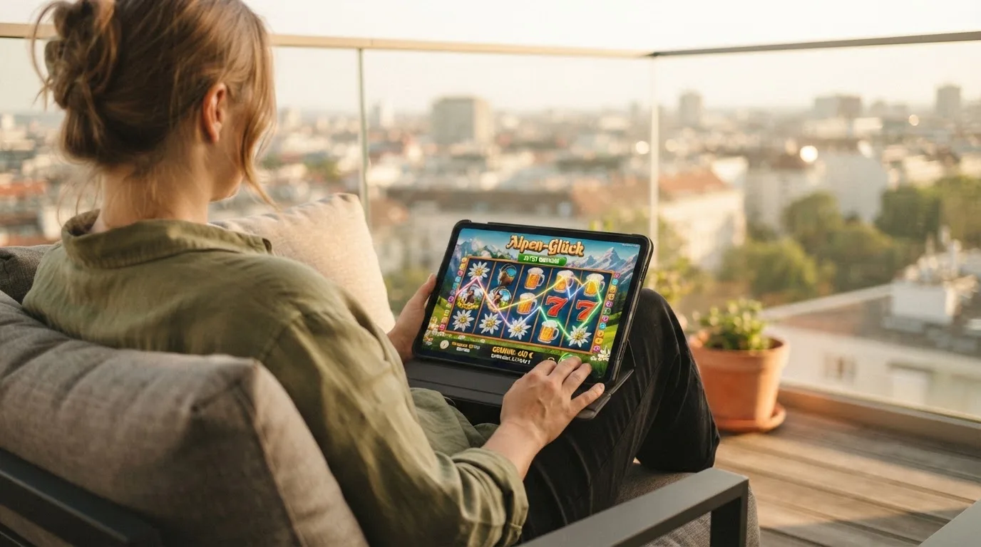 Person sitzt entspannt mit einem Tablet auf dem Balkon eines modernen Apartments.