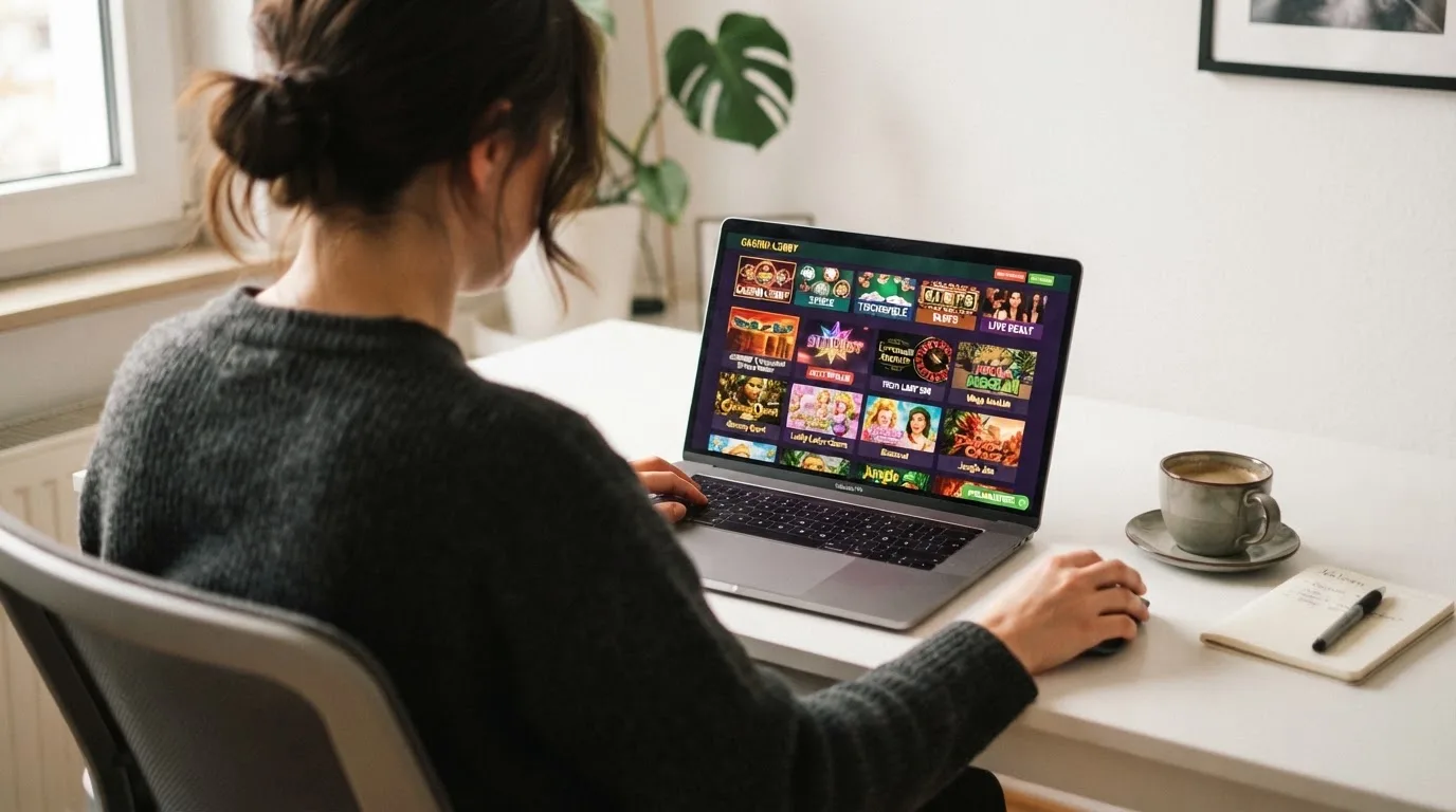 Person am Laptop liest eine Übersichtsseite zu Glücksspielen im Internet — beste online casino mit cashtocode bezahlen