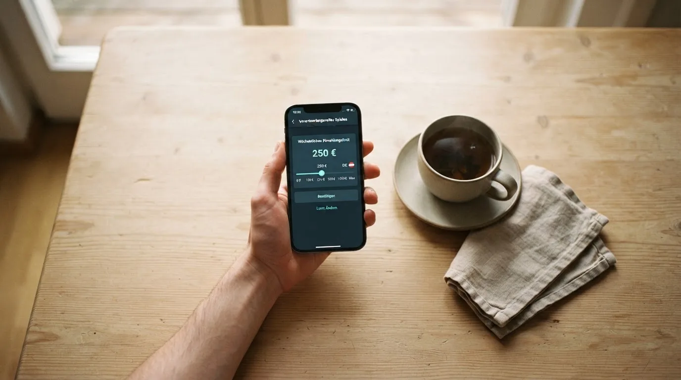 Hand hält ein Smartphone, daneben eine Tasse Tee, ruhige Abendstimmung am Küchentisch — beste online casino österreich