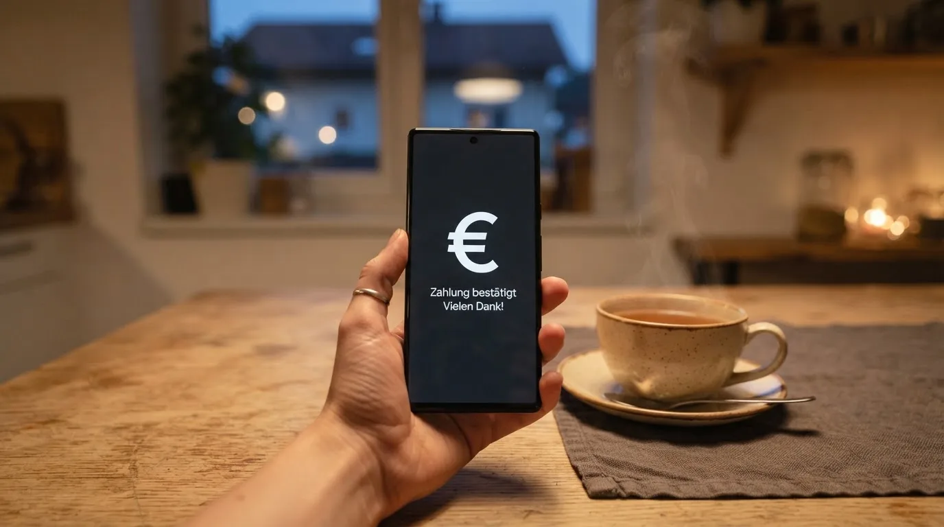 Hand hält ein Smartphone, daneben eine Tasse Tee, ruhige Abendstimmung am Küchentisch — beste online casinos echtgeld
