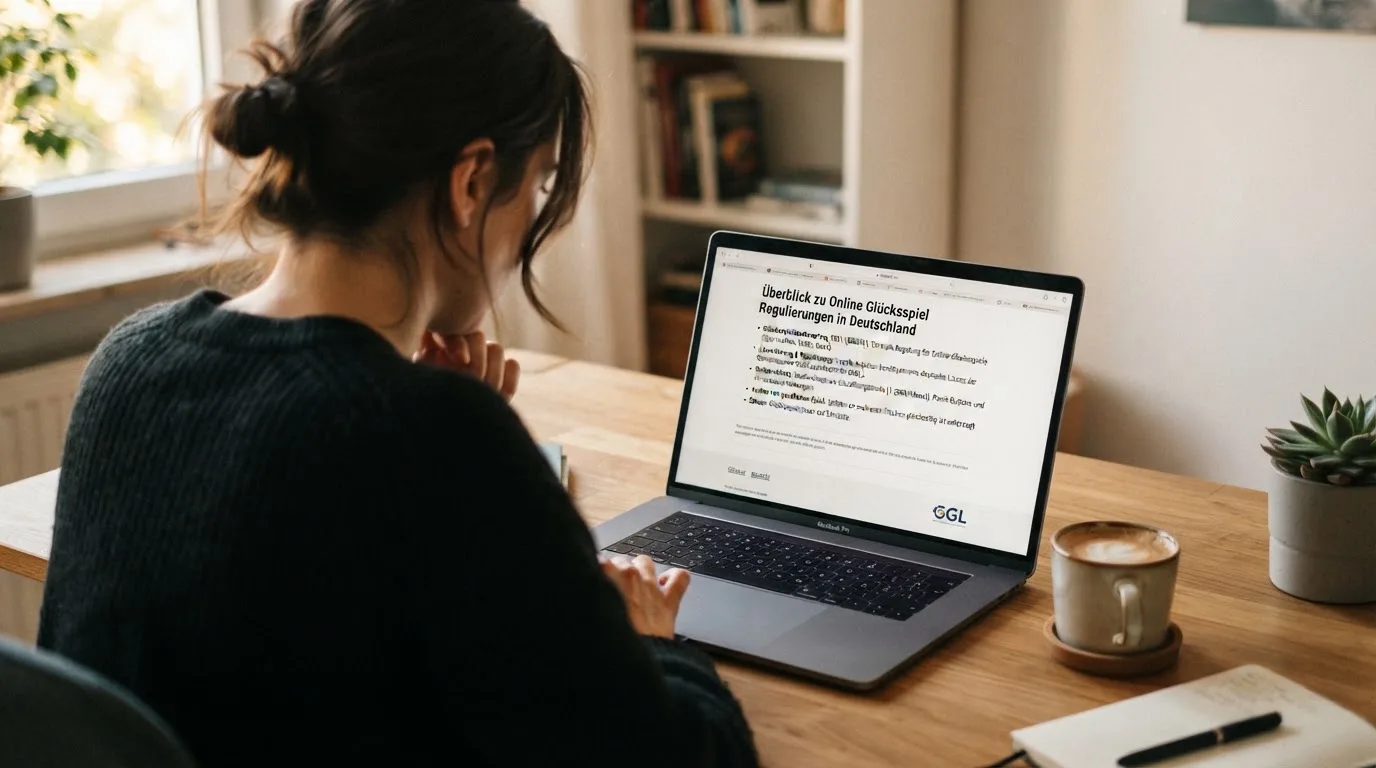 Person am Laptop liest eine Übersichtsseite zu Glücksspielen im Internet — beste online casinos mit österreichischer lizenz
