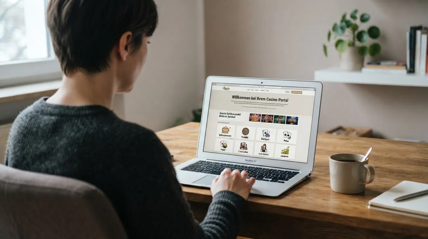 Person am Laptop liest eine Übersichtsseite zu Glücksspielen im Internet — beste online casinos österreich mit no deposit bonus