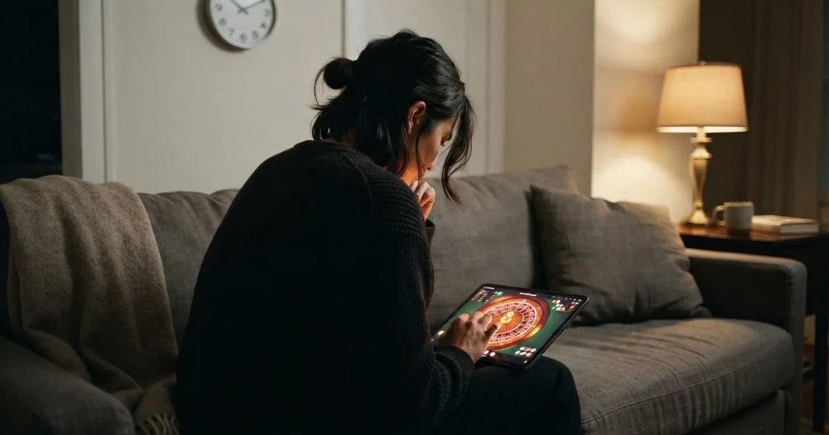 Person am Sofa schaut nachdenklich auf ein Tablet, im Hintergrund eine Uhr — beste online casinos österreich mit no deposit bonus