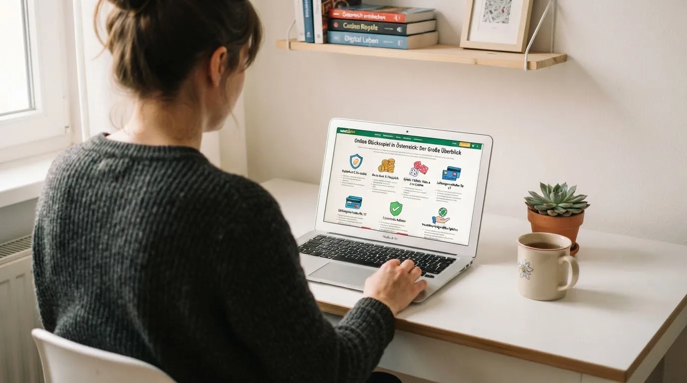 Person am Laptop liest eine Übersichtsseite zu Glücksspielen im Internet — beste online casinos ohne limit