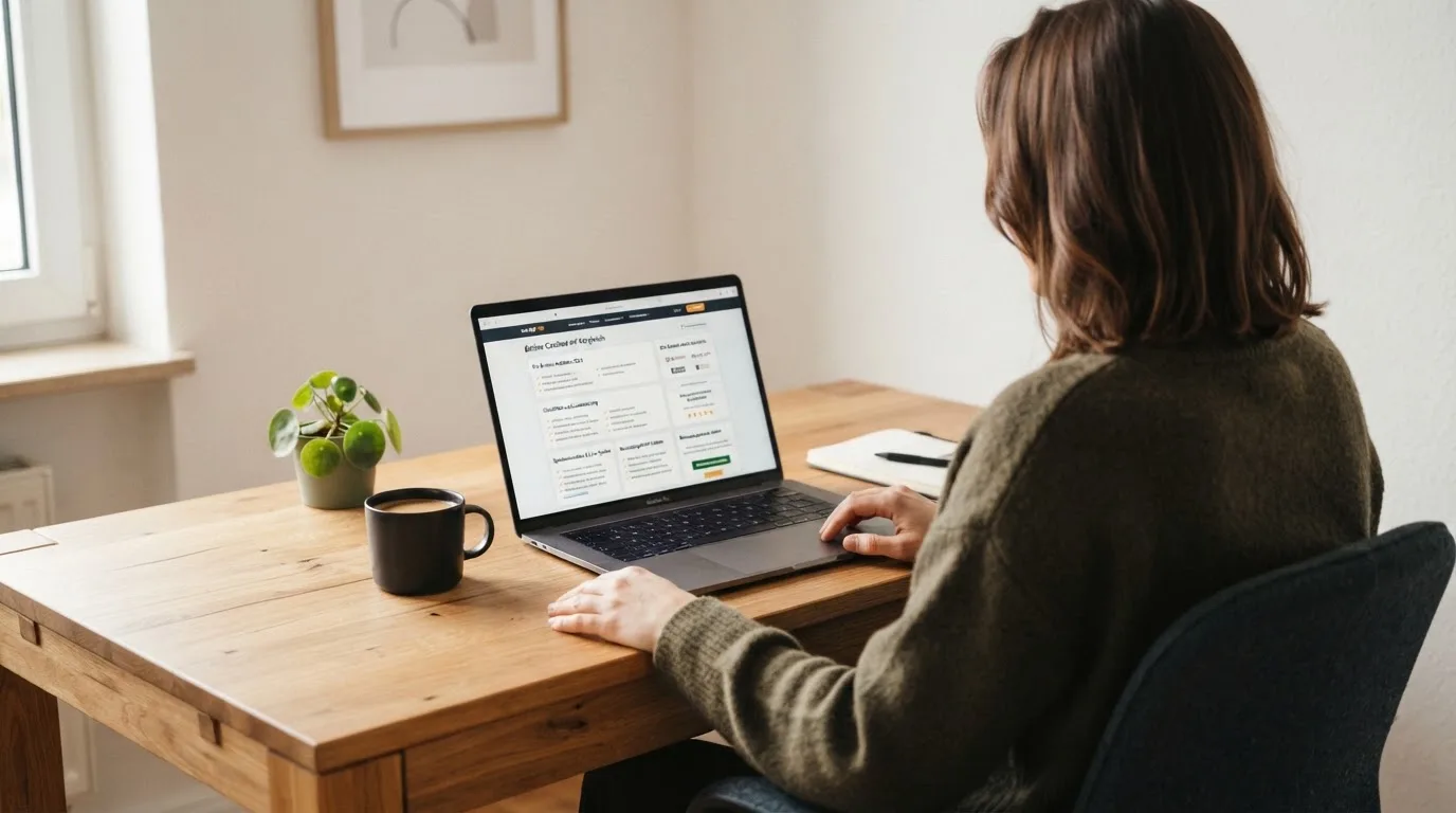 Person am Laptop liest eine Übersichtsseite zu Glücksspielen im Internet — beste online spielothek casinos