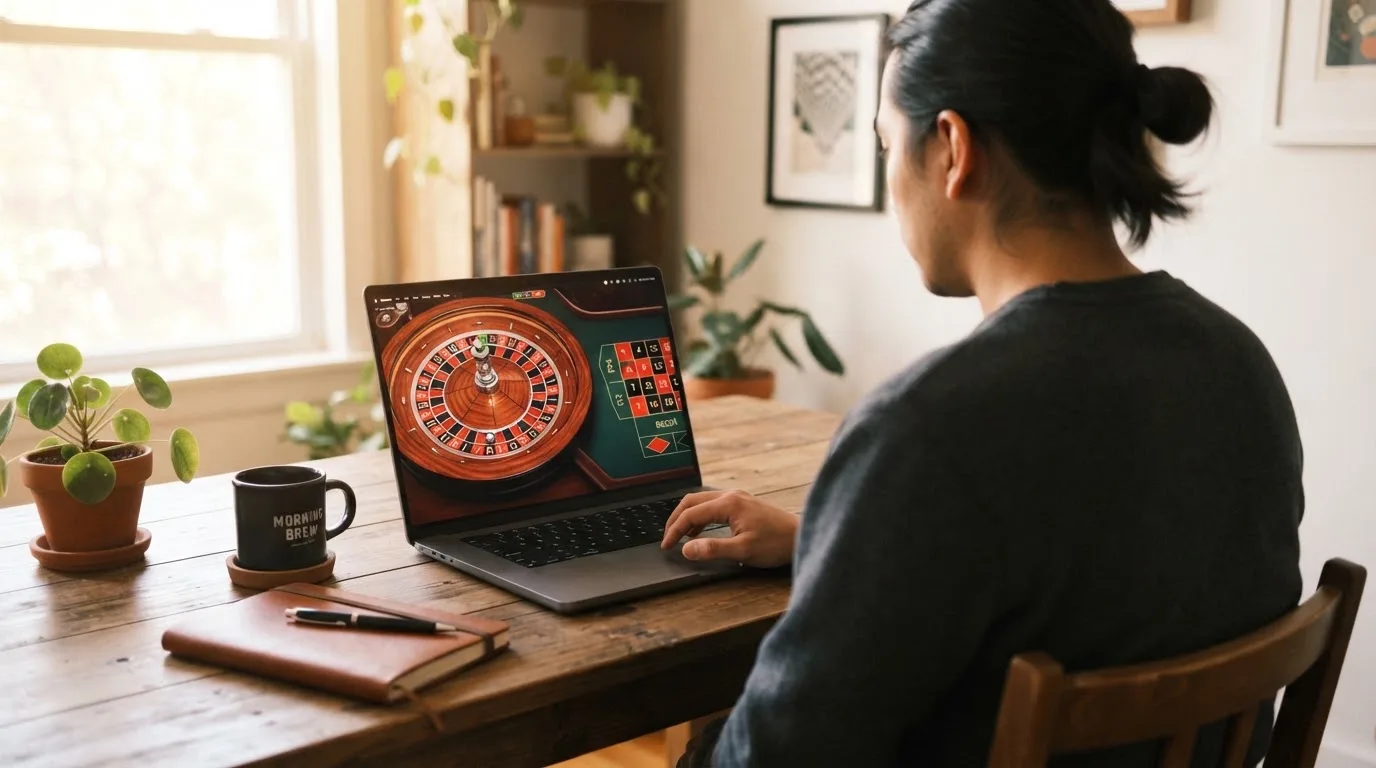 Person am Laptop liest eine Übersichtsseite zu Glücksspielen im Internet — bester willkommensbonus online casino