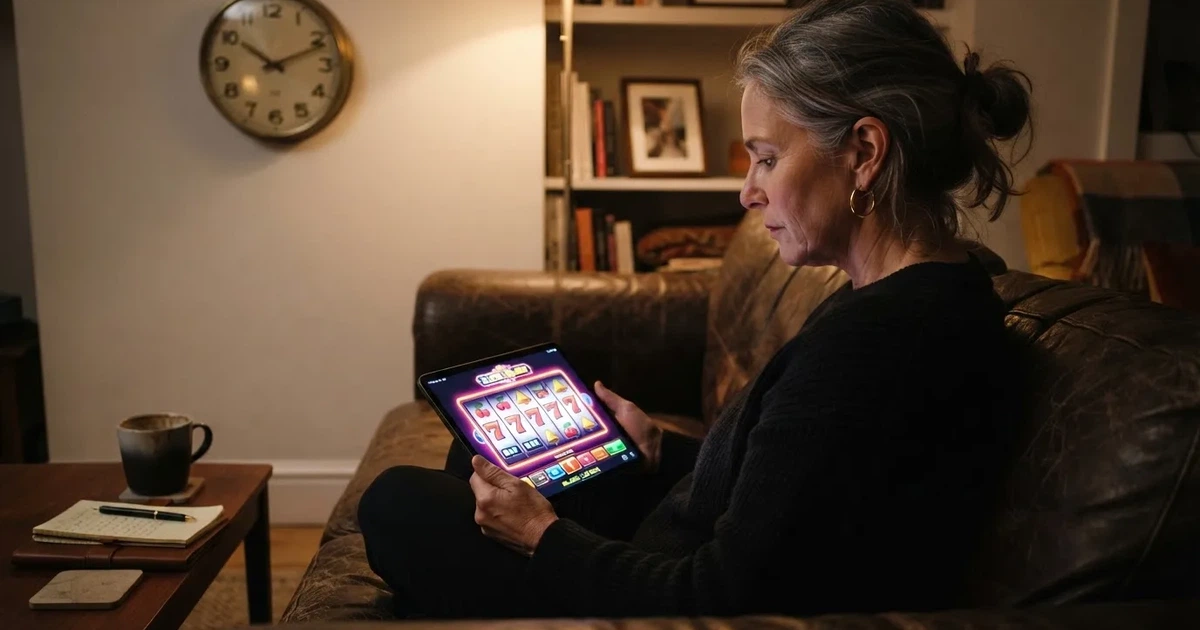 Person am Sofa schaut nachdenklich auf ein Tablet, im Hintergrund eine Uhr — bester willkommensbonus online casino