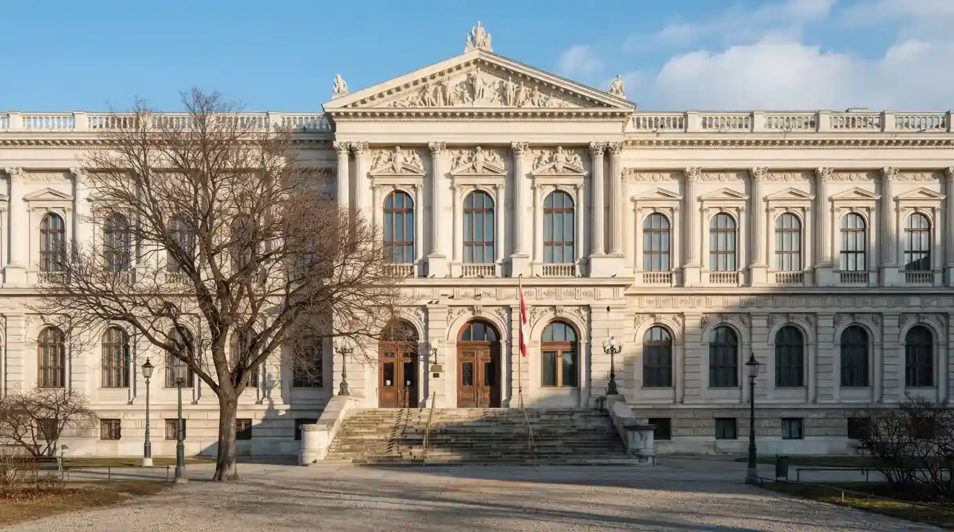 Fassade eines klassizistischen Wiener Amtsgebäudes mit österreichischer Flagge an einem klaren Nachmittag.