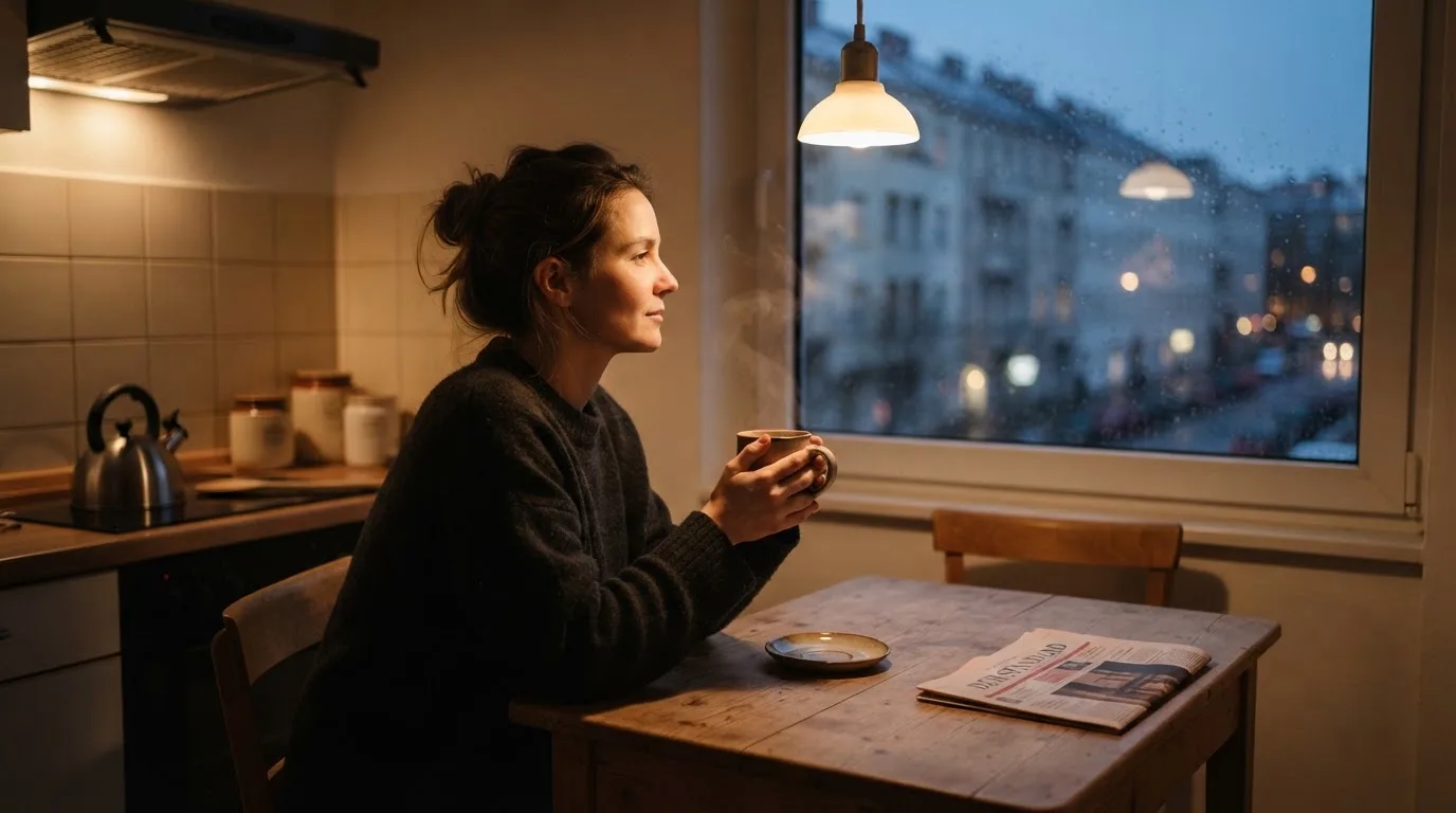 Person sitzt allein an einem Küchentisch mit einer Tasse Tee und blickt nachdenklich aus dem Fenster am Abend.