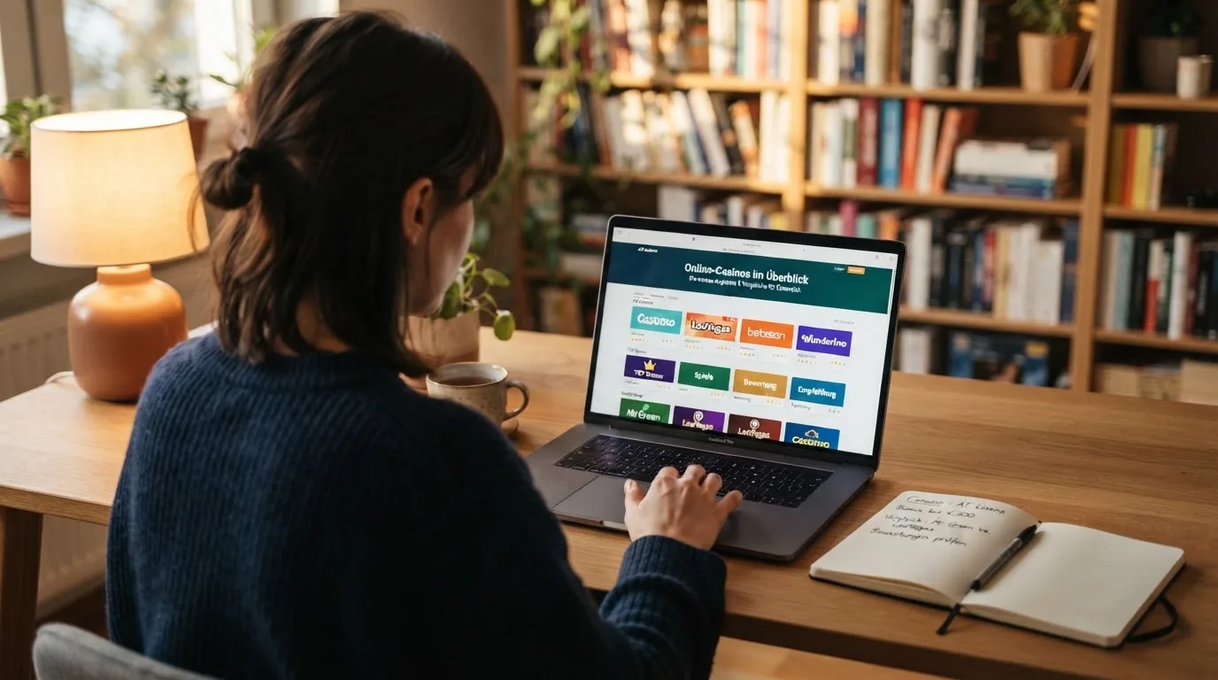 Person am Laptop liest eine Übersichtsseite zu Glücksspielen im Internet — binance coin casino vergleich
