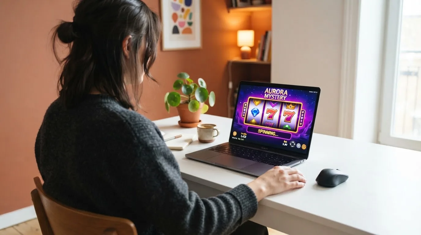 Person am Laptop liest eine Übersichtsseite zu Glücksspielen im Internet — bitcoin cash casino vergleich