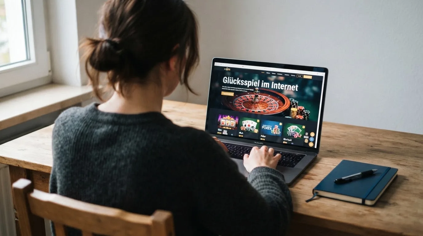 Person am Laptop liest eine Übersichtsseite zu Glücksspielen im Internet — casino bonus ohne einzahlung