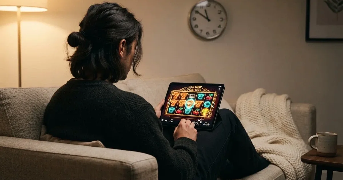 Person am Sofa schaut nachdenklich auf ein Tablet, im Hintergrund eine Uhr — casino bonus ohne einzahlung