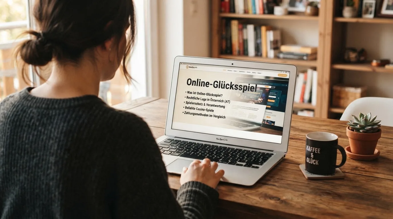 Person am Laptop liest eine Übersichtsseite zu Glücksspielen im Internet — casino guthaben ohne einzahlung