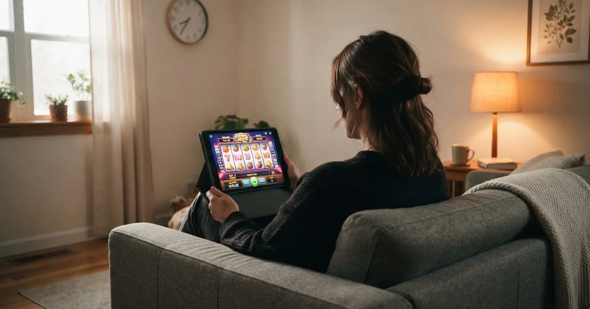 Person am Sofa schaut nachdenklich auf ein Tablet, im Hintergrund eine Uhr — casino online mit bonus ohne einzahlung