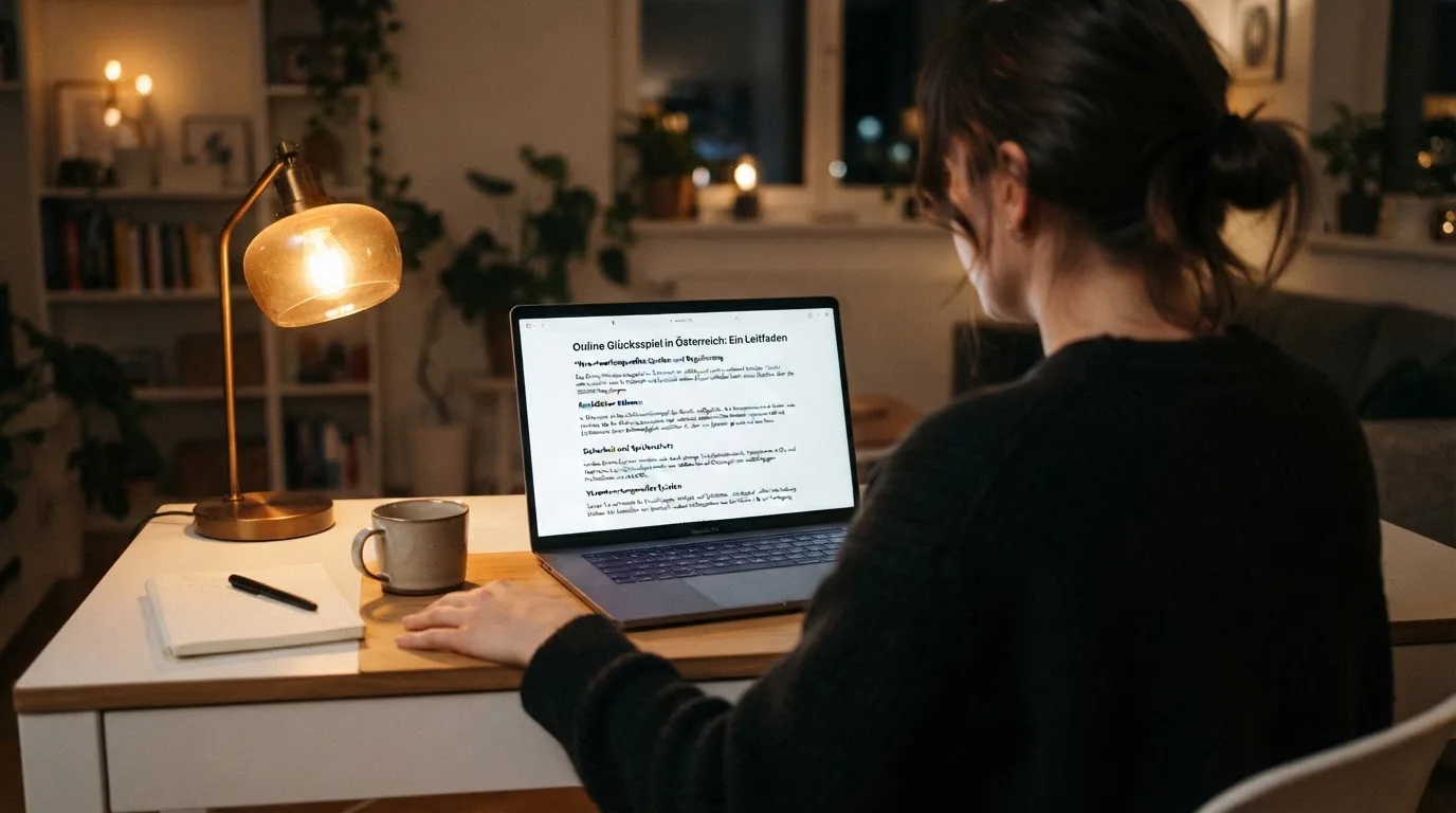 Person am Laptop liest eine Übersichtsseite zu Glücksspielen im Internet — online casino mit autoplay
