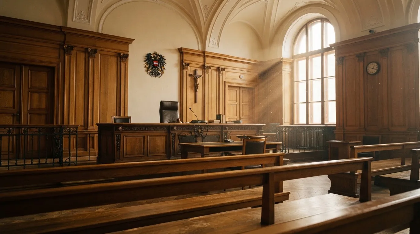 Gerichtssaal mit leerer Richterbank und Holzvertäfelung im Morgenlicht — online casino mit autoplay