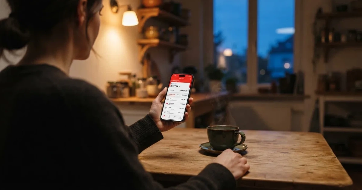 Hand hält ein Smartphone, daneben eine Tasse Tee, ruhige Abendstimmung am Küchentisch — online casino ohne auszahlungslimit