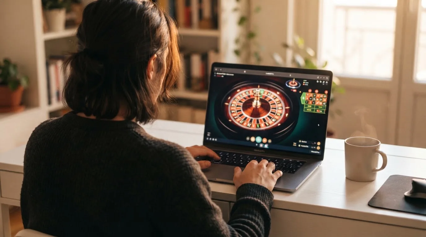 Person am Laptop liest eine Übersichtsseite zu Glücksspielen im Internet — online casino schnelle auszahlung