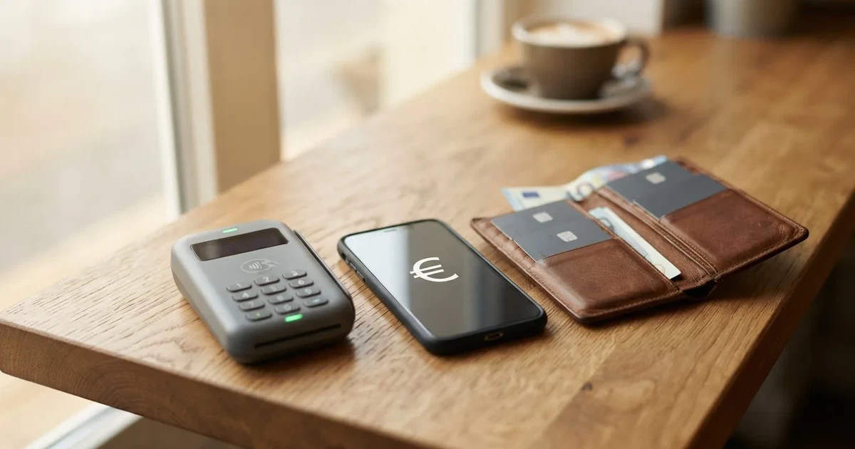 Kartenterminal und Smartphone auf einem Holztisch neben einer Geldbörse — online casino schnelle auszahlung